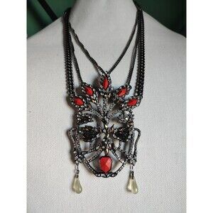 Unsigned Mask Like Rhinestone Necklace Gunmetal Huge Statement Piece Unsigned